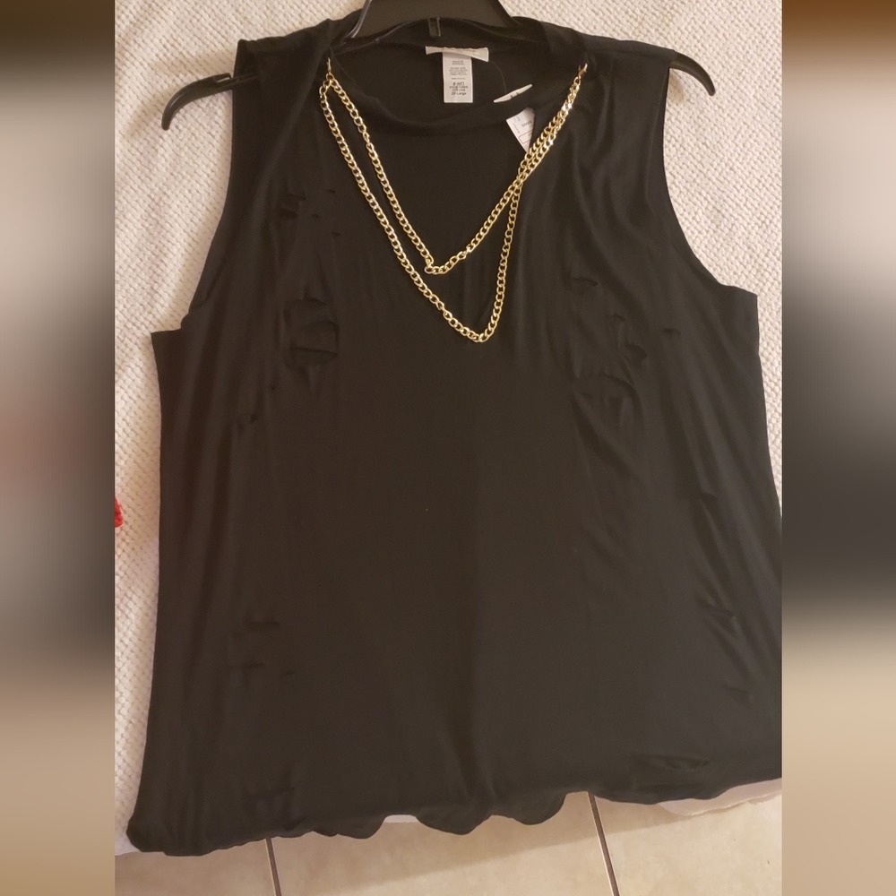 2XL black chained necklace- distressed sleeveless blouse
